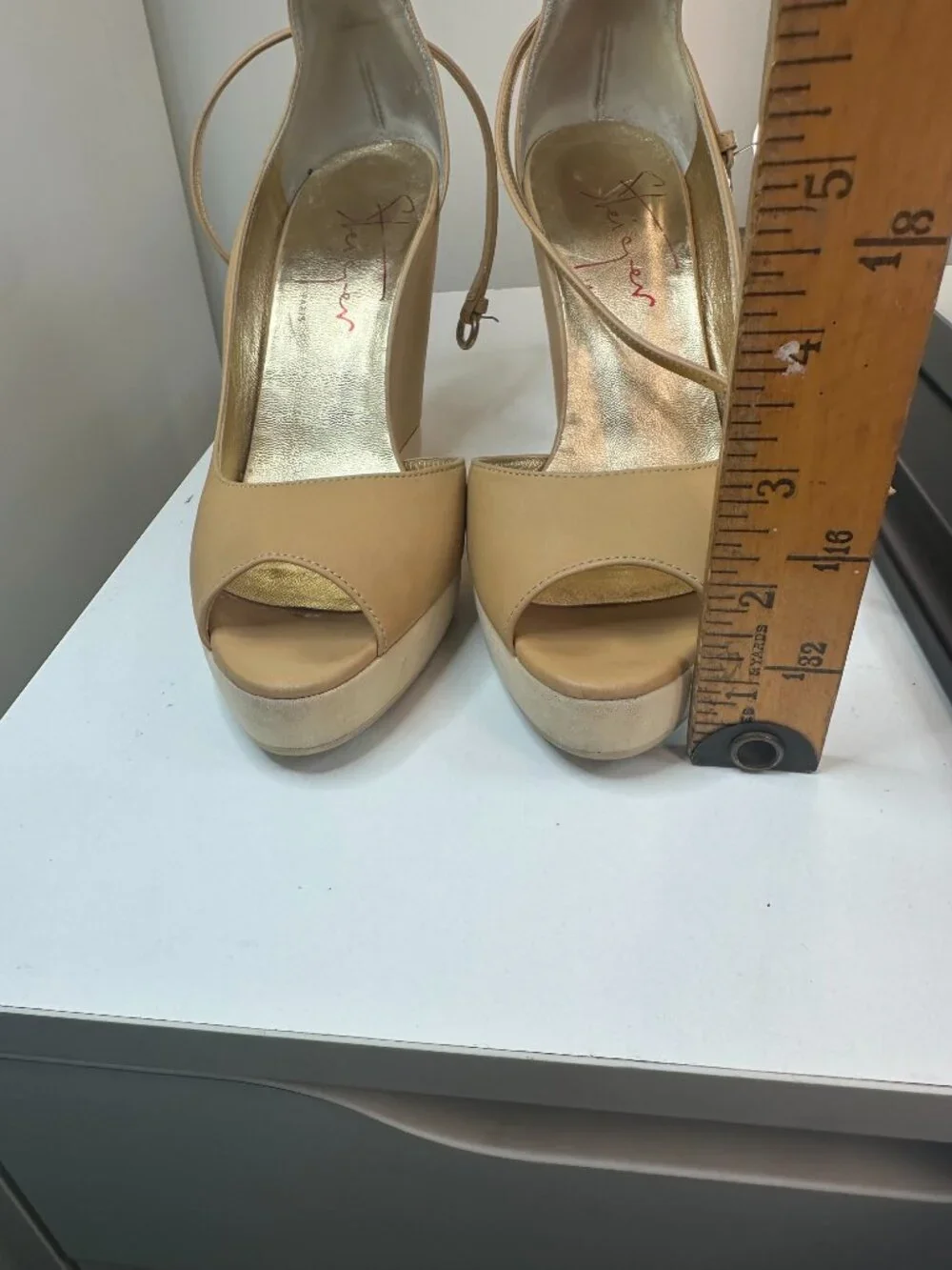 WALTER STEIGER Paris Nude Tan Leather Ankle-Strap Platform Wedge Sandals, EU 36.